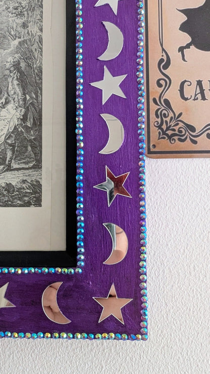 8 x 10" Portrait Wall Hanging Picture Frame. Hand Painted Metallic Purple and Embellished with Mirror Moon and Stars. Goth Home Decor Gift - Oh My Gothness