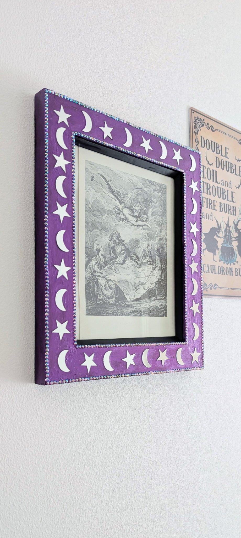 8 x 10" Portrait Wall Hanging Picture Frame. Hand Painted Metallic Purple and Embellished with Mirror Moon and Stars. Goth Home Decor Gift - Oh My Gothness