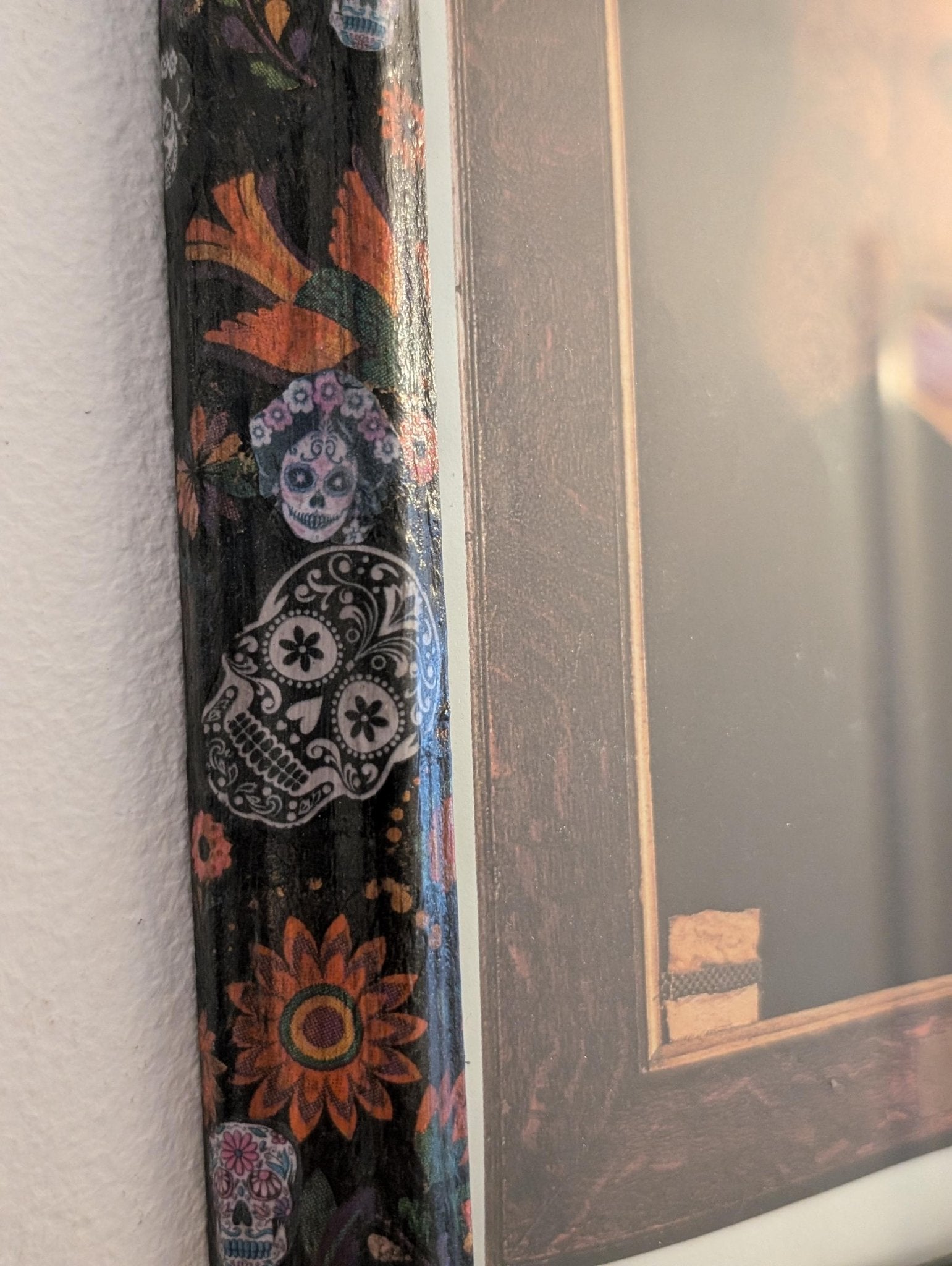 8 x 10 wall hanging portrait picture photo frame Découpaged Mexican sugar skulls Home decor Colourful Flowers, Black Skelton birds bats - Oh My Gothness