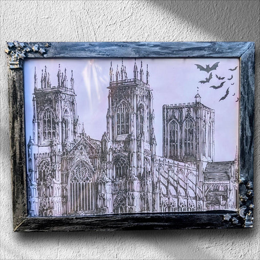 9 x 7" landscape wall hanging photo frame. Hand painted and embellished with gothic charms, stars, spooky house, crescent moon. House gift - Oh My Gothness