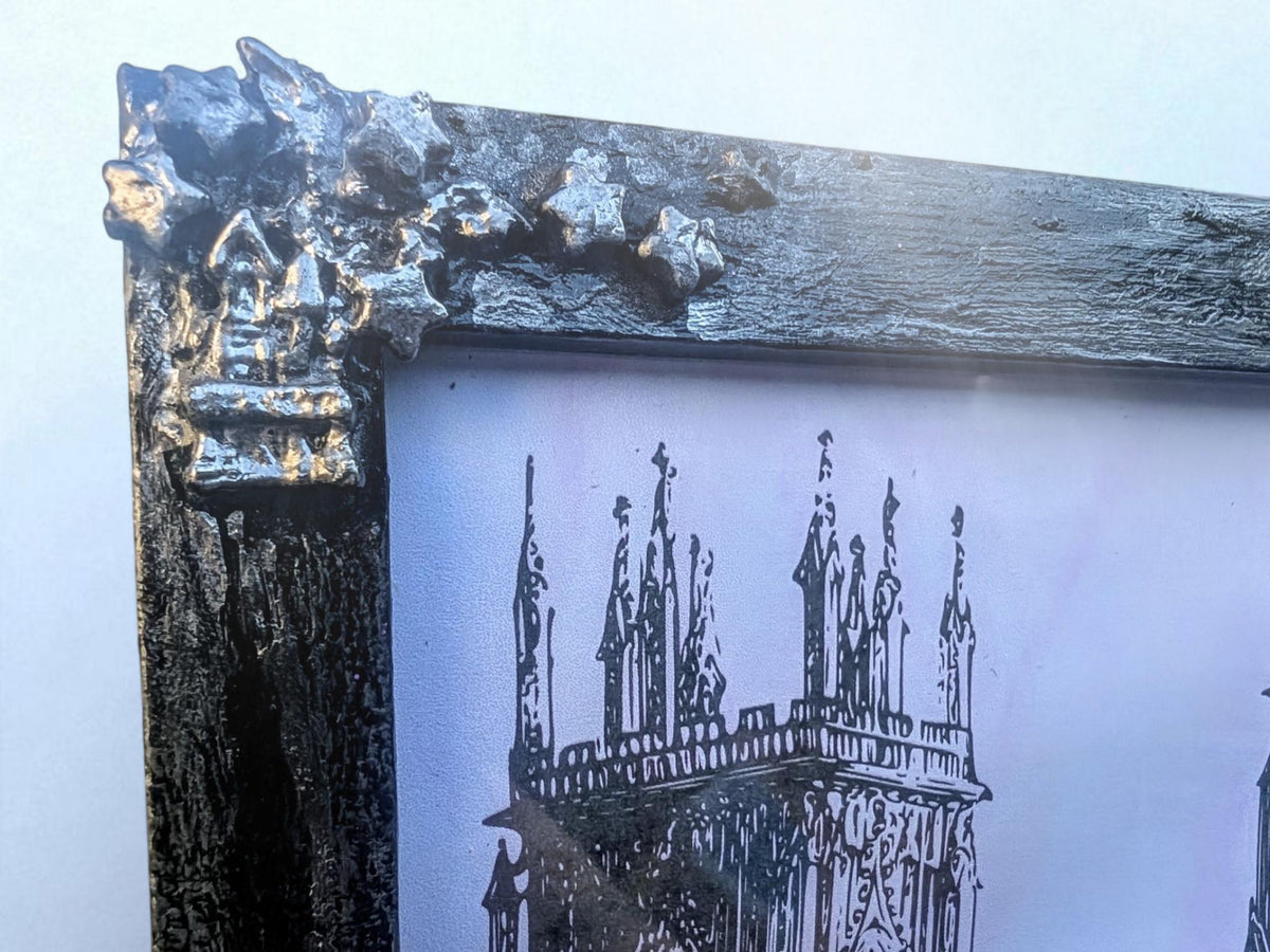 9 x 7" landscape wall hanging photo frame. Hand painted and embellished with gothic charms, stars, spooky house, crescent moon. House gift - Oh My Gothness