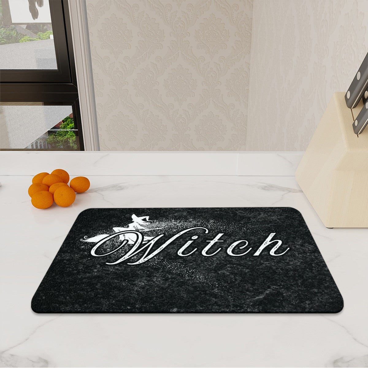 Large Black and white witch design, heatproof, tempered glass chopping board.