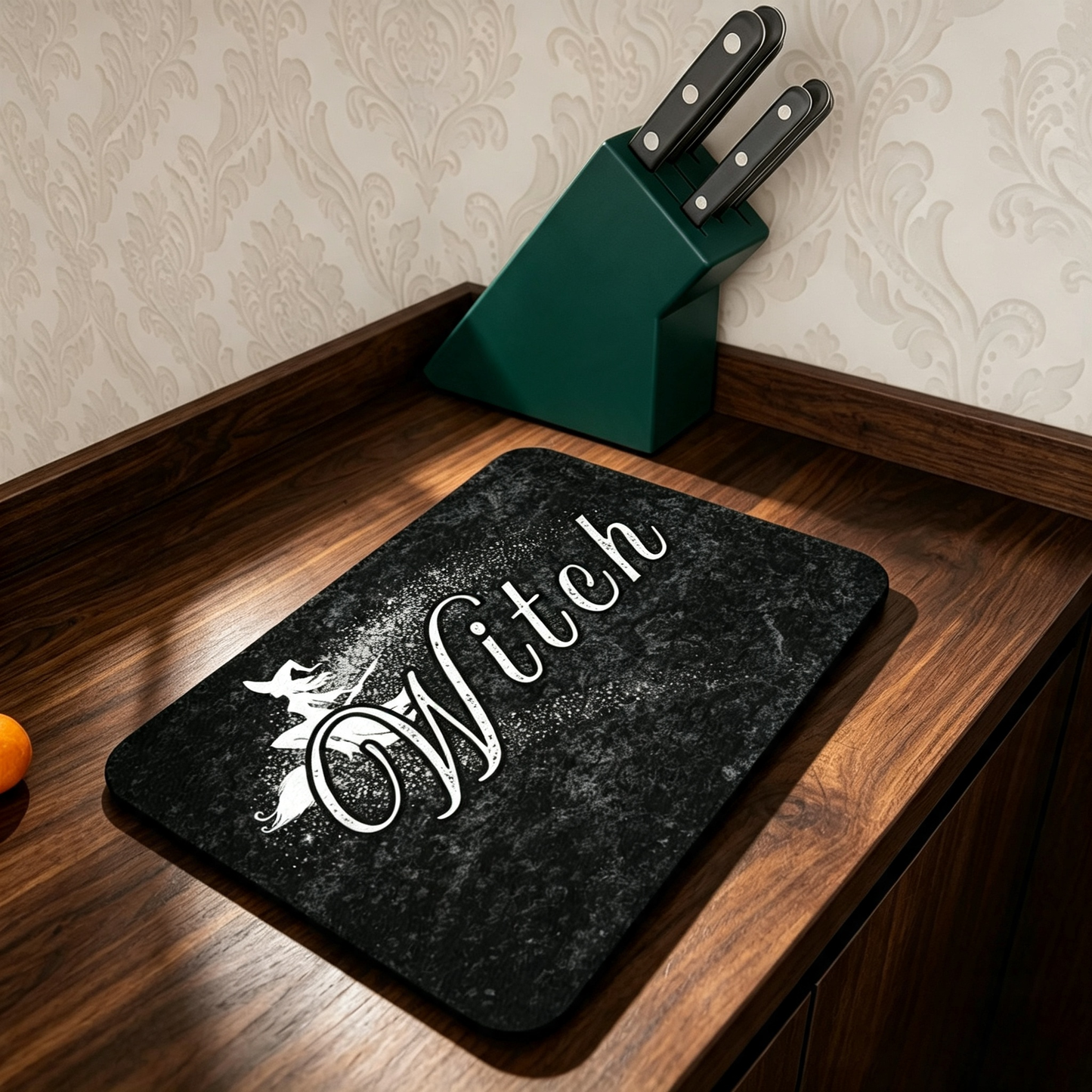 Large Black and white witch design, heatproof, tempered glass chopping board.