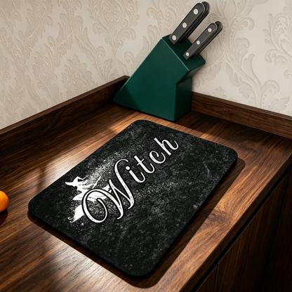 Large Black and white witch design, heatproof, tempered glass chopping board.