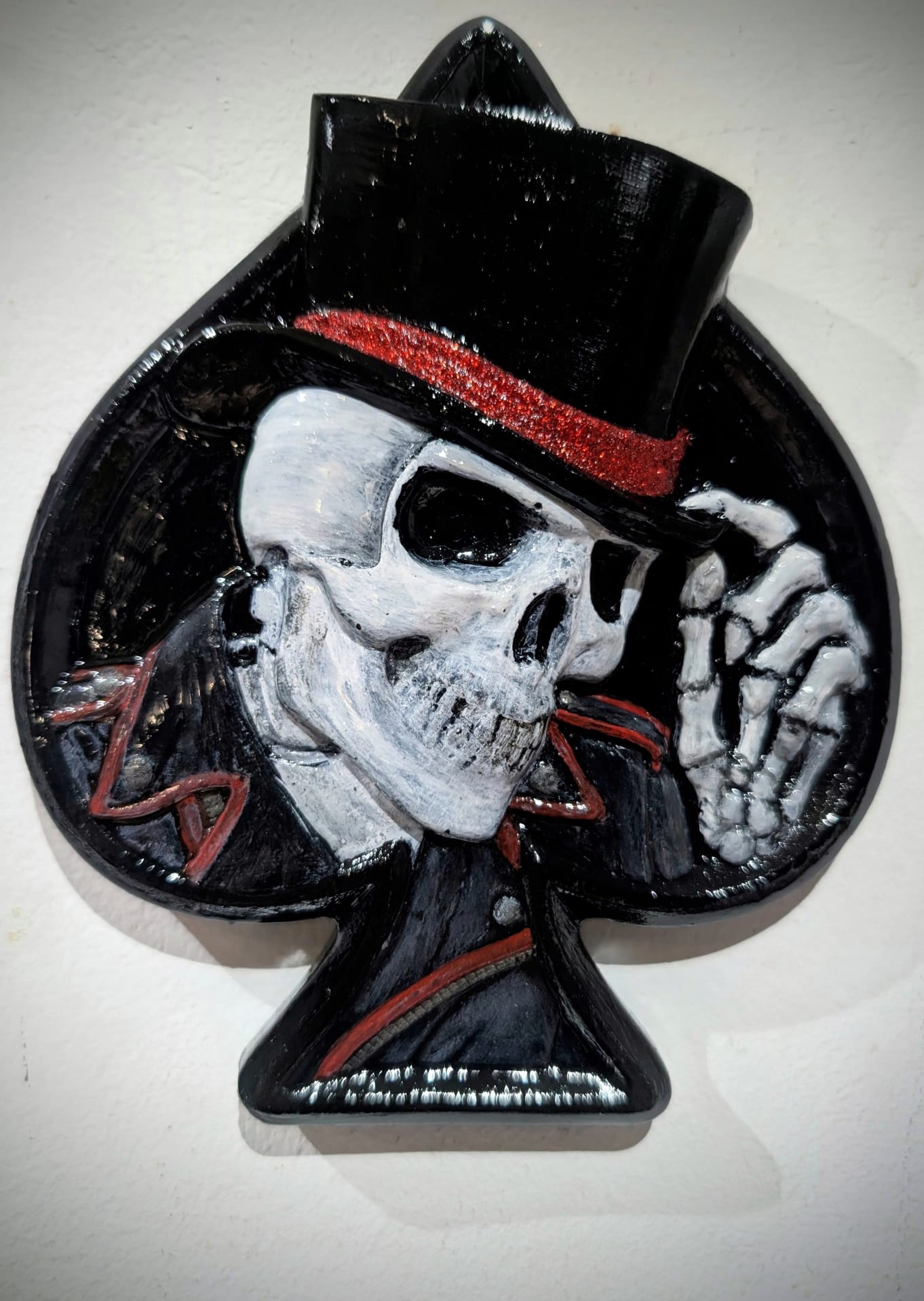 Hand Cast Dapper Top Hat Wearing Skeleton Skull Ace Of Spades Wall Hanging Plaque