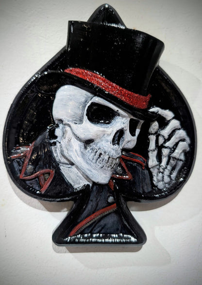 Hand Cast Dapper Top Hat Wearing Skeleton Skull Ace Of Spades Wall Hanging Plaque