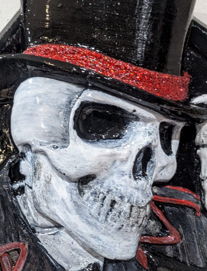 Hand Cast Dapper Top Hat Wearing Skeleton Skull Ace Of Spades Wall Hanging Plaque
