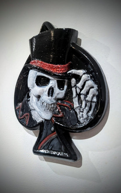 Hand Cast Dapper Top Hat Wearing Skeleton Skull Ace Of Spades Wall Hanging Plaque