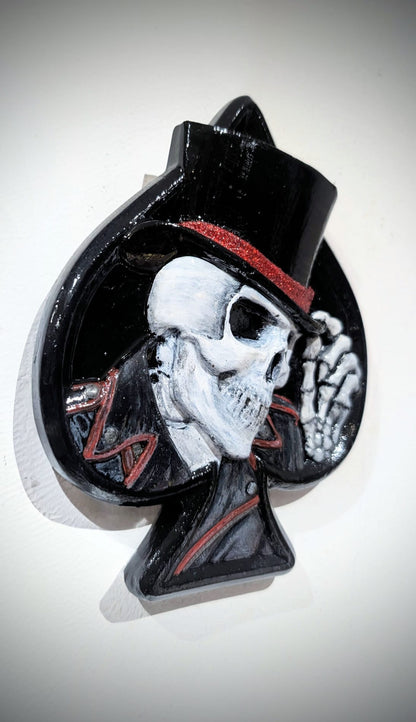 Hand Cast Dapper Top Hat Wearing Skeleton Skull Ace Of Spades Wall Hanging Plaque