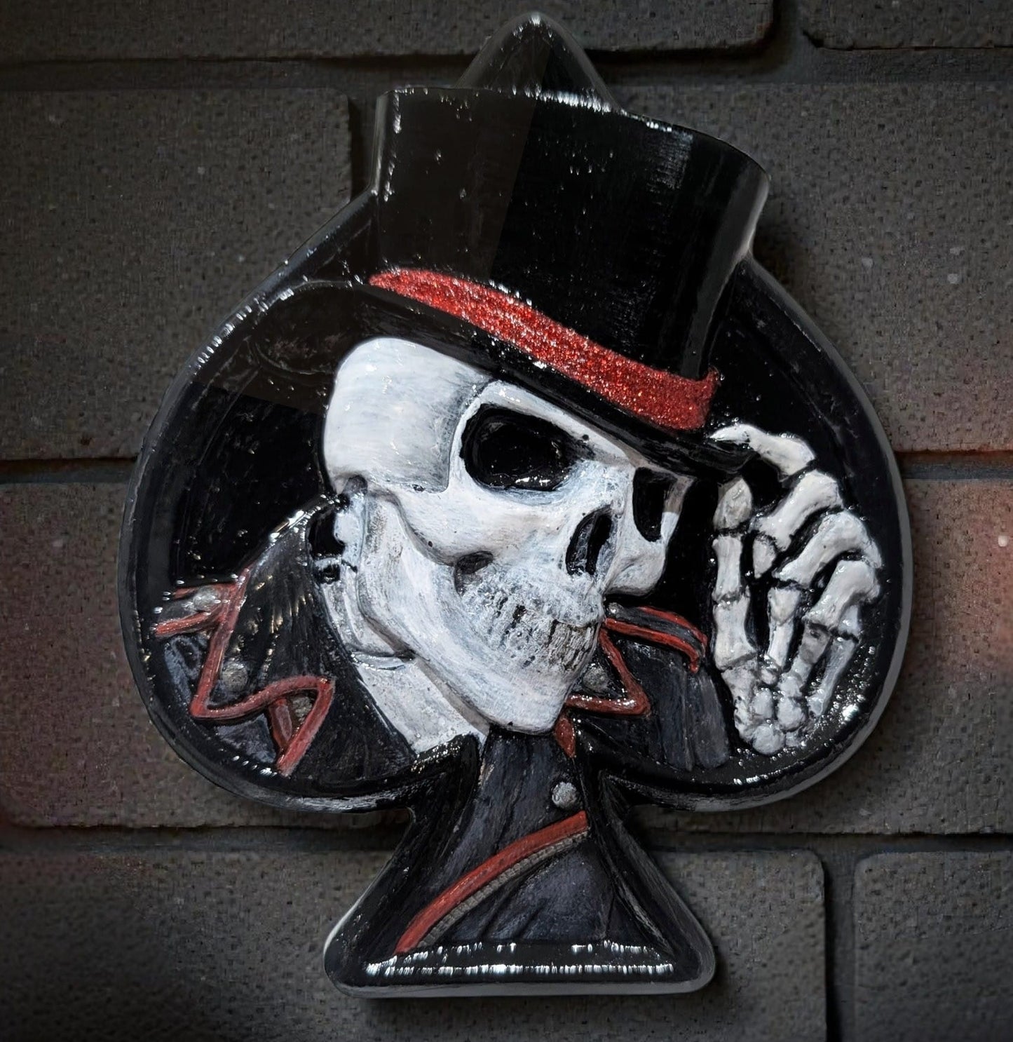 Hand Cast Dapper Top Hat Wearing Skeleton Skull Ace Of Spades Wall Hanging Plaque