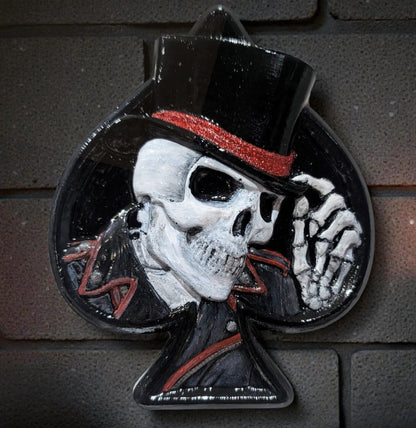 Hand Cast Dapper Top Hat Wearing Skeleton Skull Ace Of Spades Wall Hanging Plaque