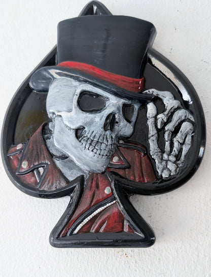 Hand Cast Dapper  Deep Blue Top Hat Wearing Skeleton Skull Ace Of Spades Wall Hanging Plaque