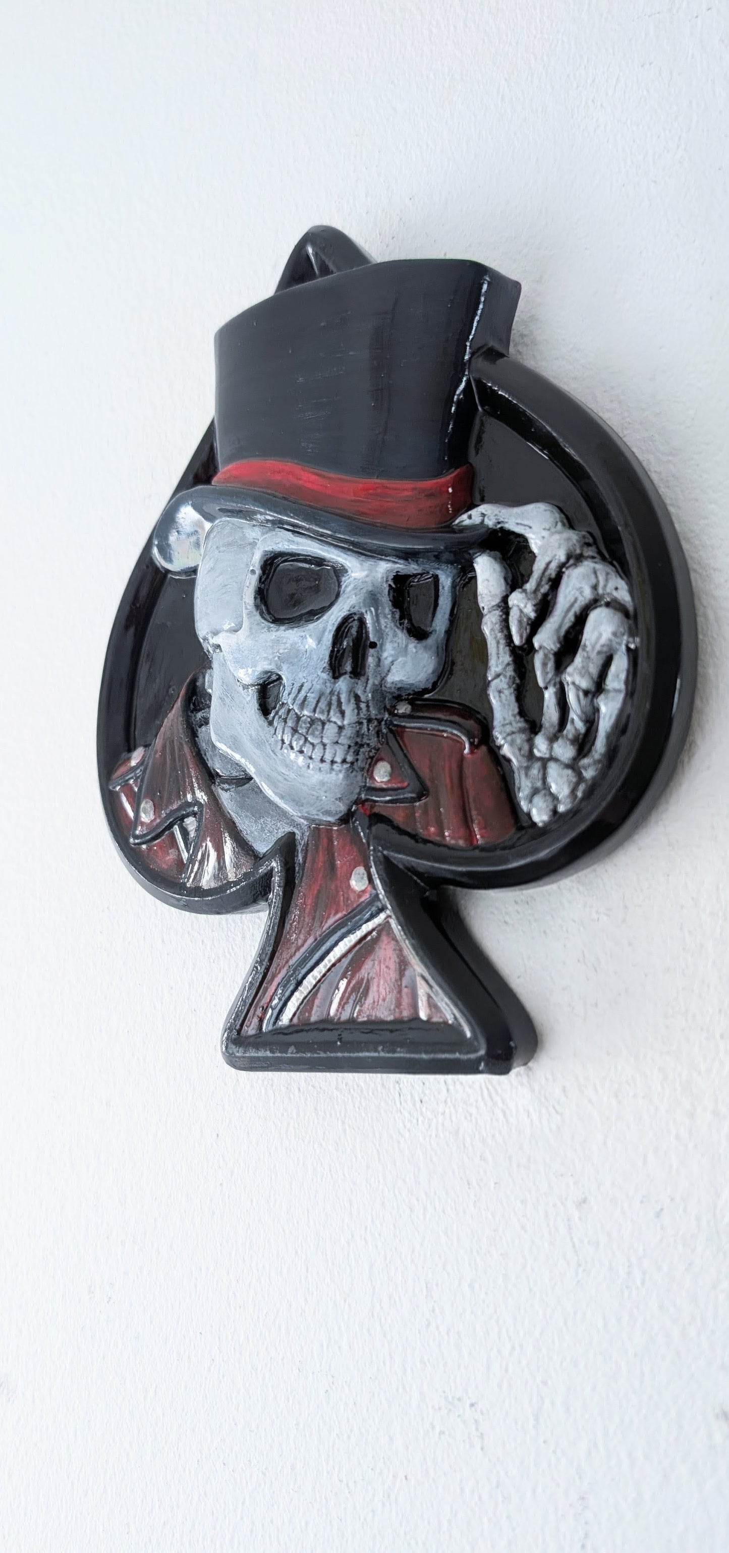Hand Cast Dapper  Deep Blue Top Hat Wearing Skeleton Skull Ace Of Spades Wall Hanging Plaque