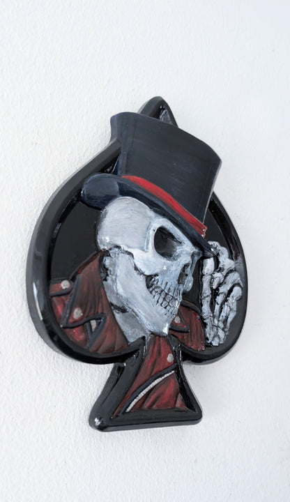 Hand Cast Dapper  Deep Blue Top Hat Wearing Skeleton Skull Ace Of Spades Wall Hanging Plaque