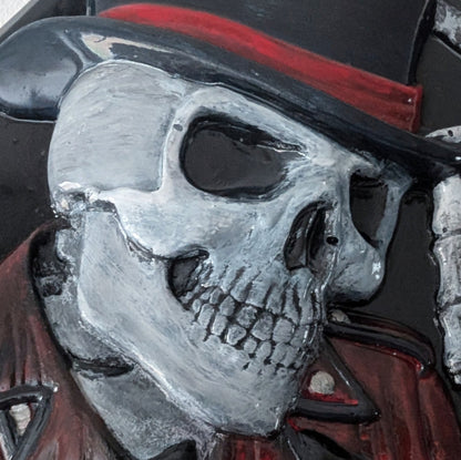 Hand Cast Dapper  Deep Blue Top Hat Wearing Skeleton Skull Ace Of Spades Wall Hanging Plaque