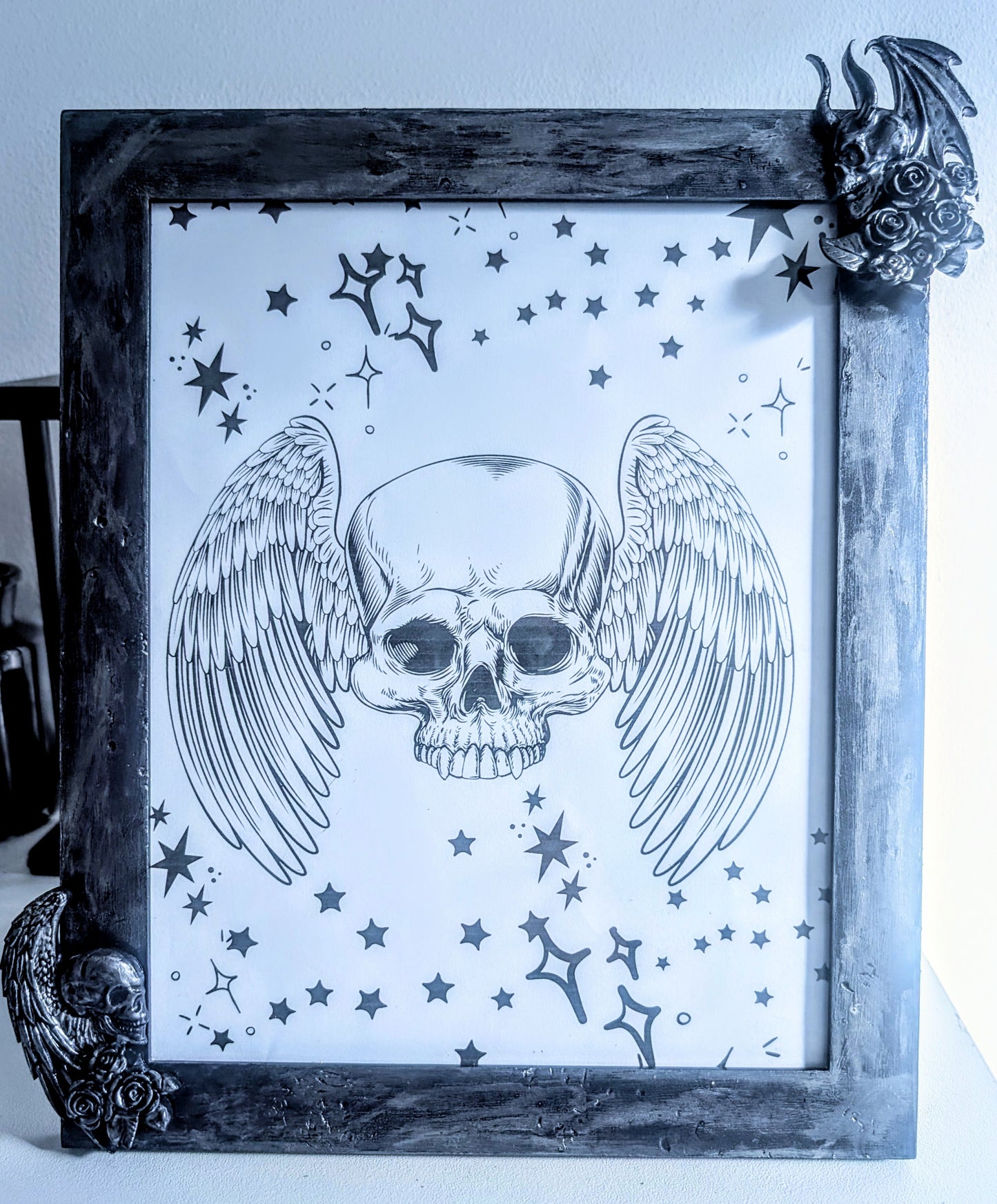 10 x 8" Dark Purple Silver Distressed Style Gothic Skull Angels Wall Hanging / Freestanding Portrait Wooden Photo Frame