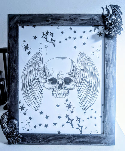 10 x 8" Dark Purple Silver Distressed Style Gothic Skull Angels Wall Hanging / Freestanding Portrait Wooden Photo Frame