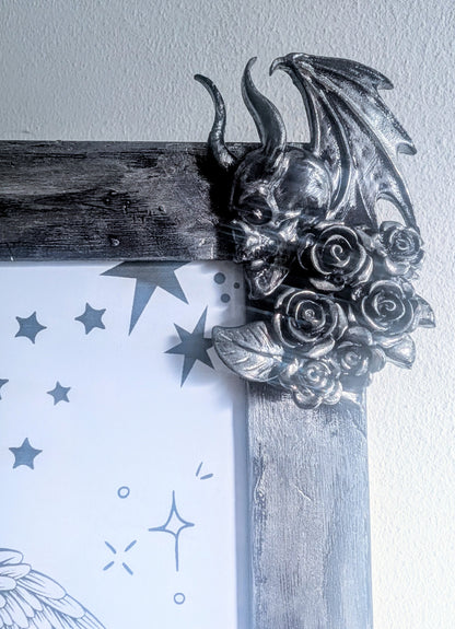 10 x 8" Dark Purple Silver Distressed Style Gothic Skull Angels Wall Hanging / Freestanding Portrait Wooden Photo Frame