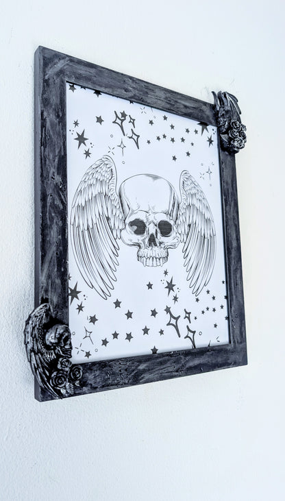 10 x 8" Dark Purple Silver Distressed Style Gothic Skull Angels Wall Hanging / Freestanding Portrait Wooden Photo Frame