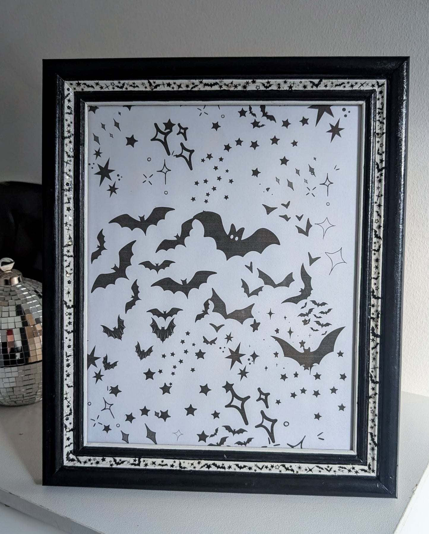 10 x 8" Black and White Bats and Stars Wooden Portrait Free Standing Picture Frame