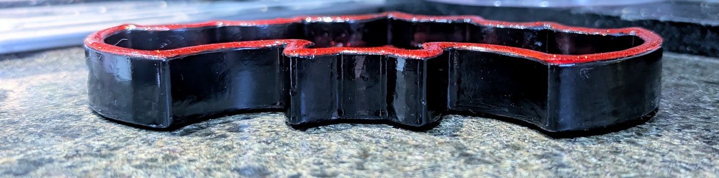 Hand-cast black with red glitter bat shaped jewellery trinket dish tray. Gothic home decor gift