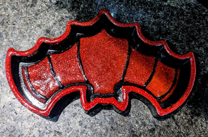 Hand-cast black with red glitter bat shaped jewellery trinket dish tray. Gothic home decor gift