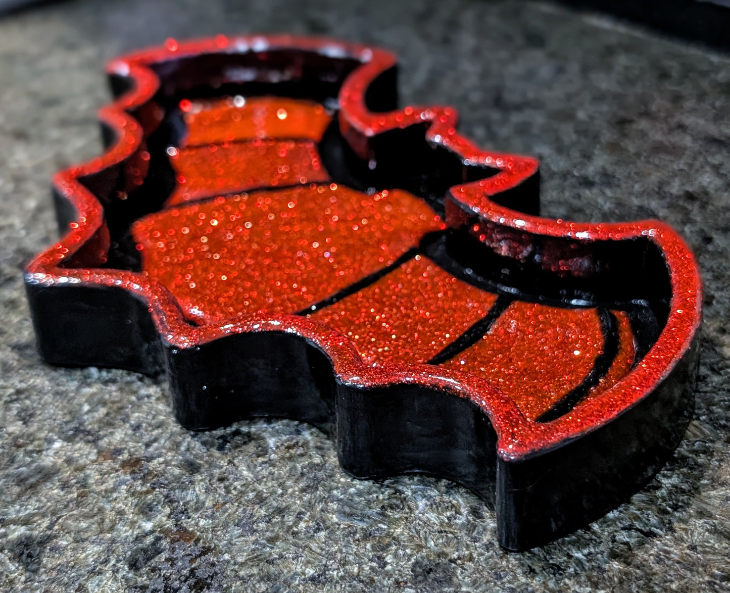 Hand-cast black with red glitter bat shaped jewellery trinket dish tray. Gothic home decor gift