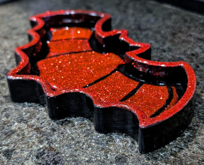Hand-cast black with red glitter bat shaped jewellery trinket dish tray. Gothic home decor gift