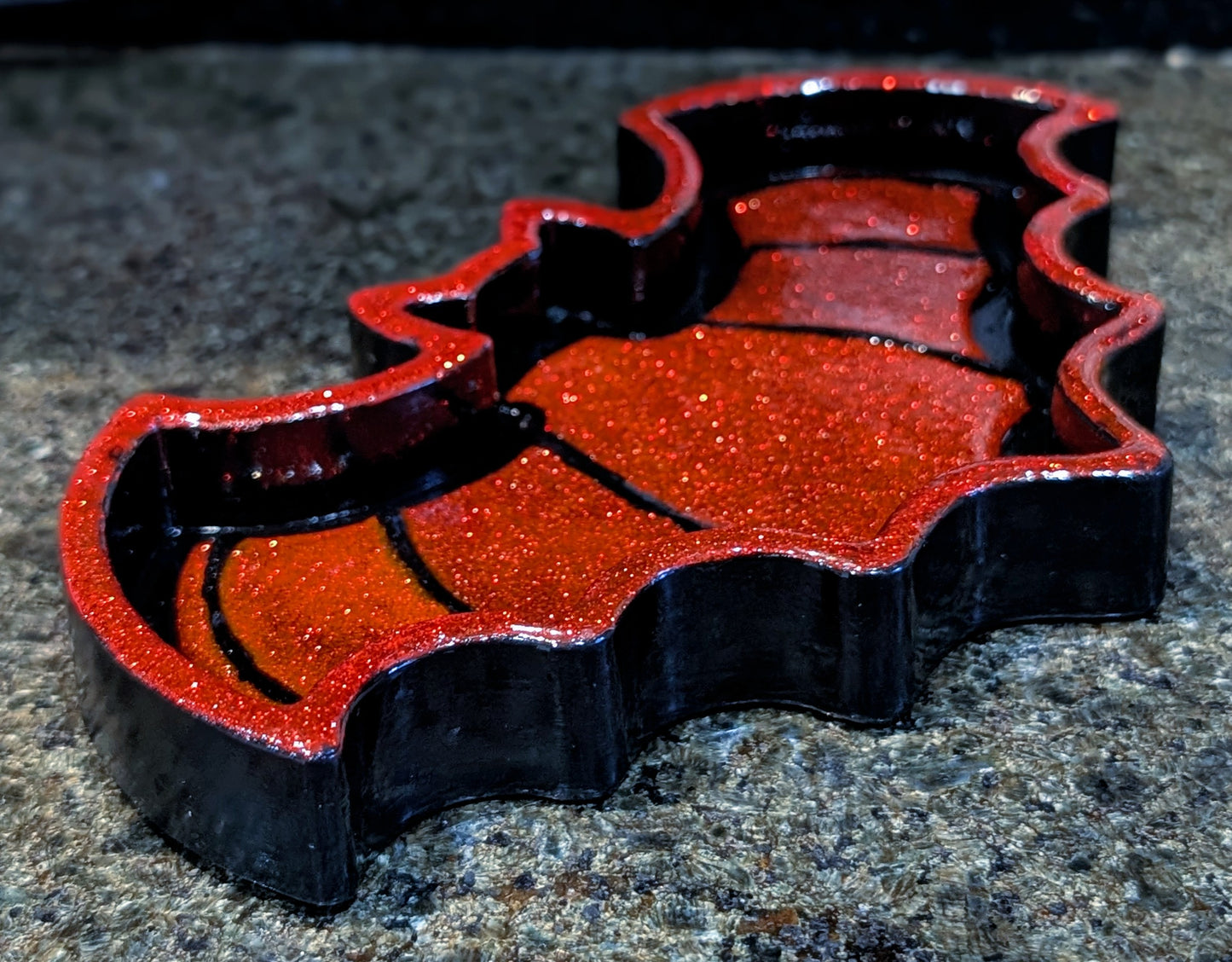 Hand-cast black with red glitter bat shaped jewellery trinket dish tray. Gothic home decor gift