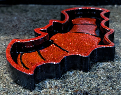 Hand-cast black with red glitter bat shaped jewellery trinket dish tray. Gothic home decor gift