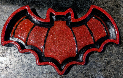Hand-cast black with red glitter bat shaped jewellery trinket dish tray. Gothic home decor gift