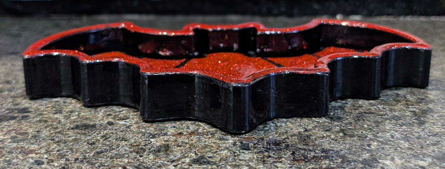 Hand-cast black with red glitter bat shaped jewellery trinket dish tray. Gothic home decor gift