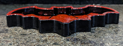 Hand-cast black with red glitter bat shaped jewellery trinket dish tray. Gothic home decor gift