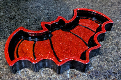 Hand-cast black with red glitter bat shaped jewellery trinket dish tray. Gothic home decor gift
