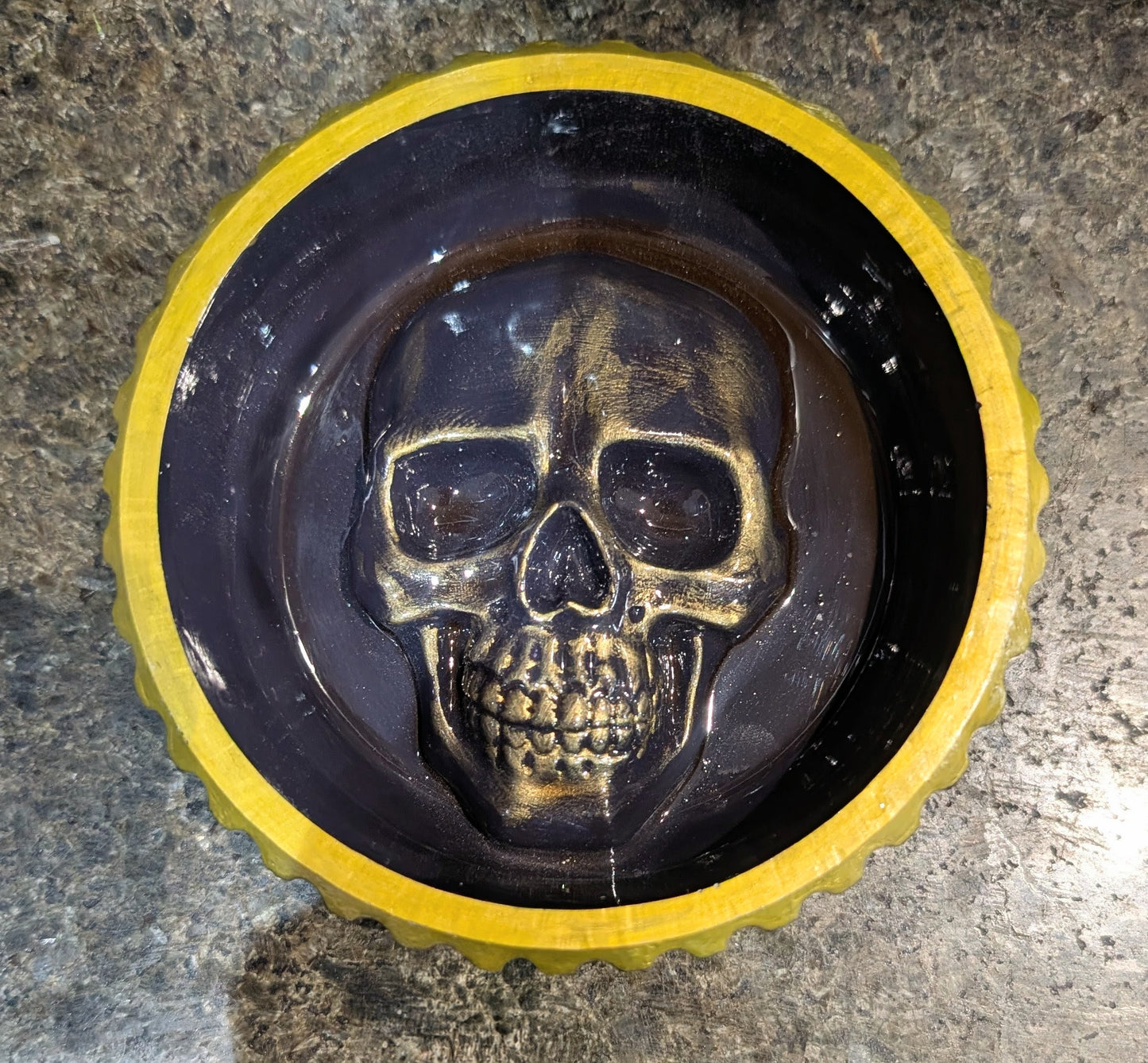 Hand cast + painted gold + purple chunky skull round jewellery trinket ring dish gothic horror gift. Dressing table home decor accent