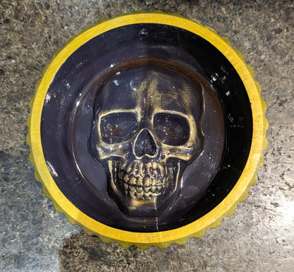 Hand cast + painted gold + purple chunky skull round jewellery trinket ring dish gothic horror gift. Dressing table home decor accent