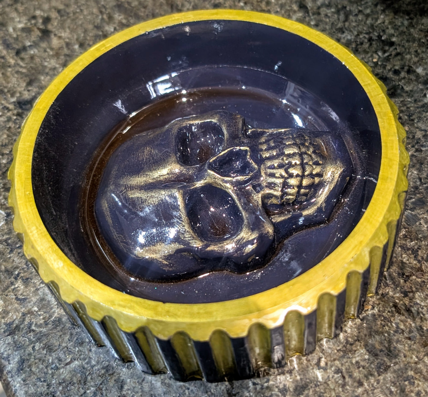Hand cast + painted gold + purple chunky skull round jewellery trinket ring dish gothic horror gift. Dressing table home decor accent