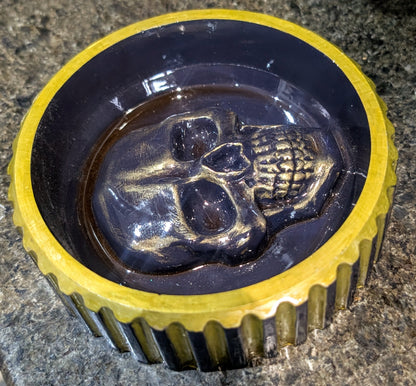 Hand cast + painted gold + purple chunky skull round jewellery trinket ring dish gothic horror gift. Dressing table home decor accent