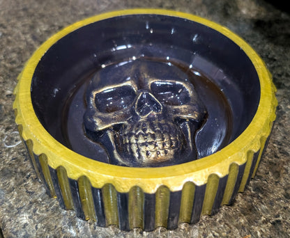 Hand cast + painted gold + purple chunky skull round jewellery trinket ring dish gothic horror gift. Dressing table home decor accent