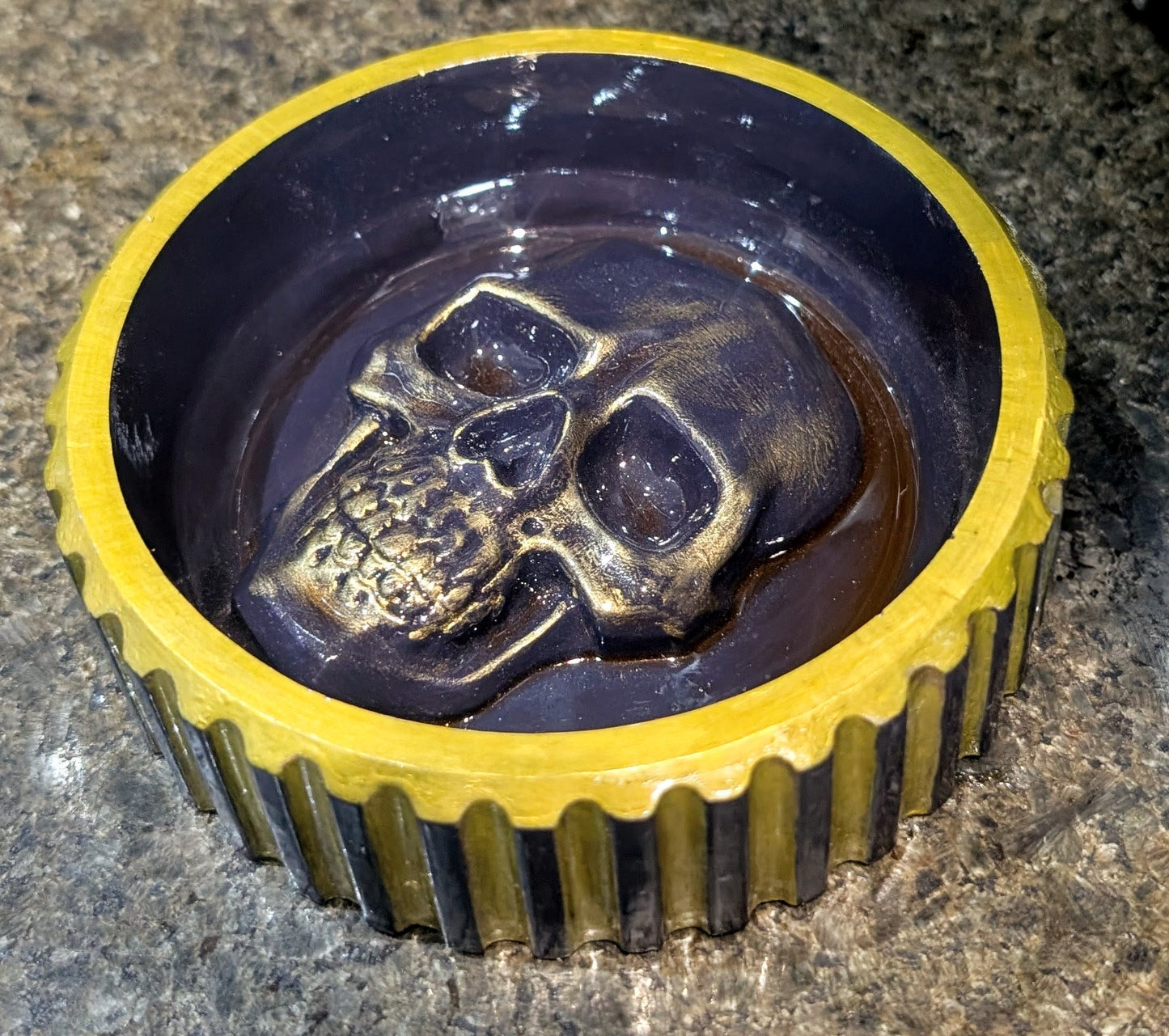 Hand cast + painted gold + purple chunky skull round jewellery trinket ring dish gothic horror gift. Dressing table home decor accent