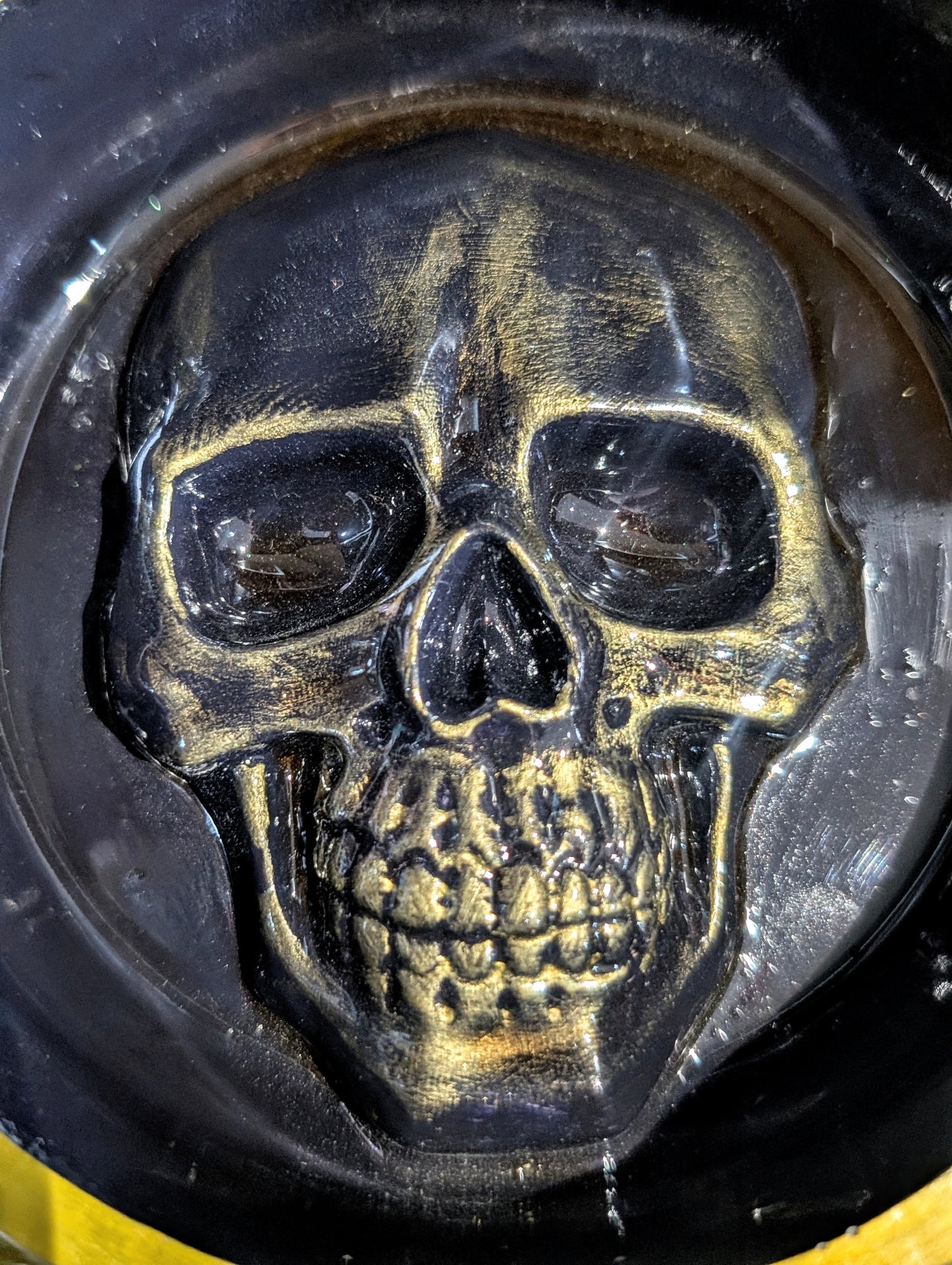 Hand cast + painted gold + purple chunky skull round jewellery trinket ring dish gothic horror gift. Dressing table home decor accent