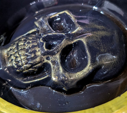 Hand cast + painted gold + purple chunky skull round jewellery trinket ring dish gothic horror gift. Dressing table home decor accent