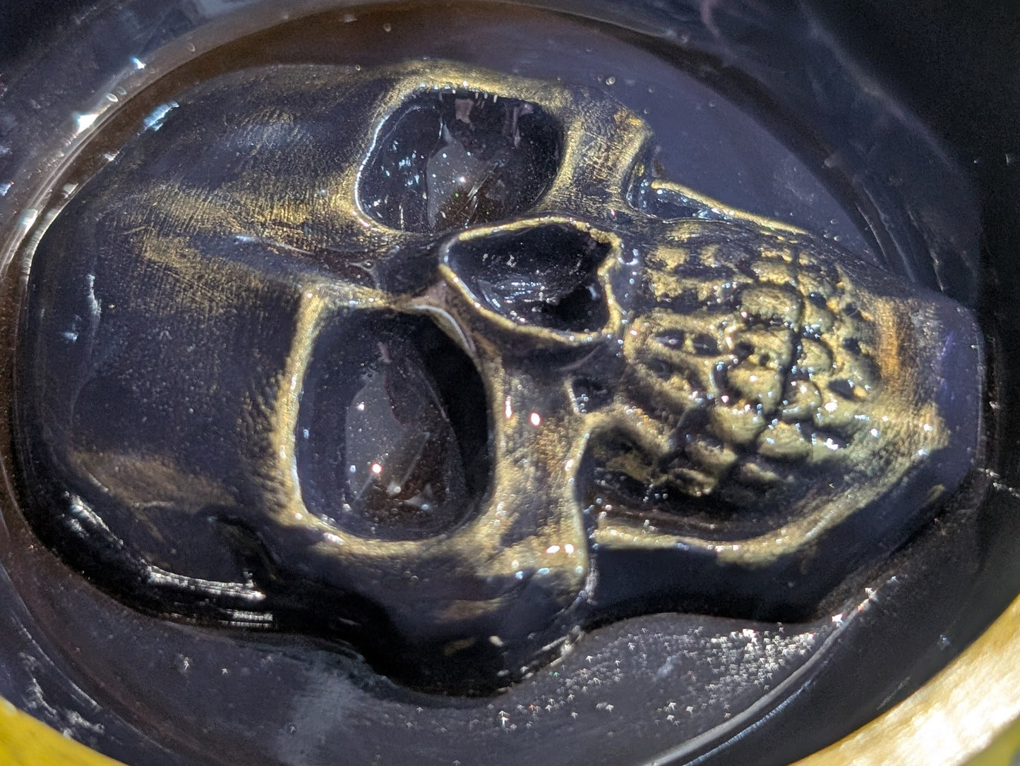 Hand cast + painted gold + purple chunky skull round jewellery trinket ring dish gothic horror gift. Dressing table home decor accent