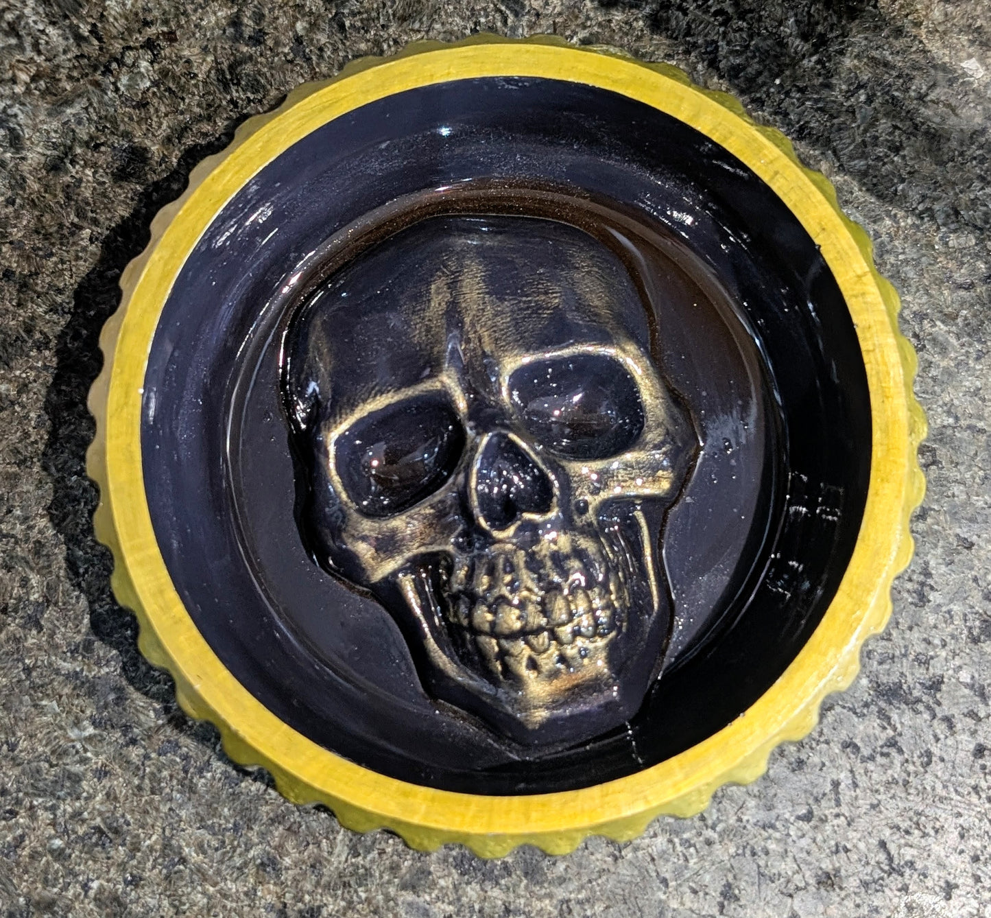Hand cast + painted gold + purple chunky skull round jewellery trinket ring dish gothic horror gift. Dressing table home decor accent