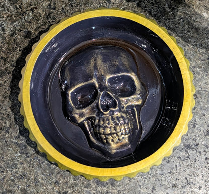 Hand cast + painted gold + purple chunky skull round jewellery trinket ring dish gothic horror gift. Dressing table home decor accent