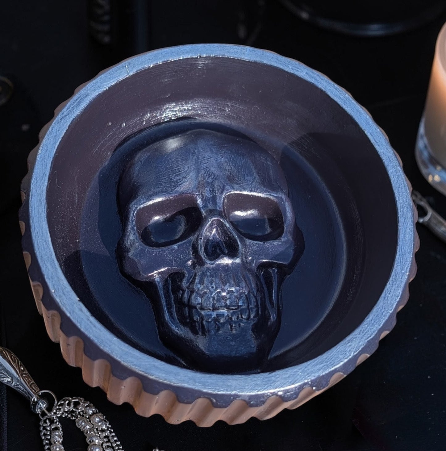 Hand cast and painted purple and silver chunky skull round jewellery trinket
