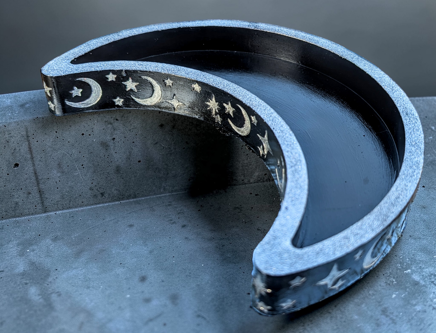 Hand Cast Crescent Moon in Black with Silver Holographic Glitter Ring Dish Trinket Dish