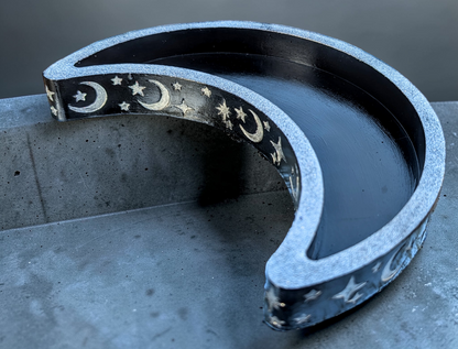 Hand Cast Crescent Moon in Black with Silver Holographic Glitter Ring Dish Trinket Dish