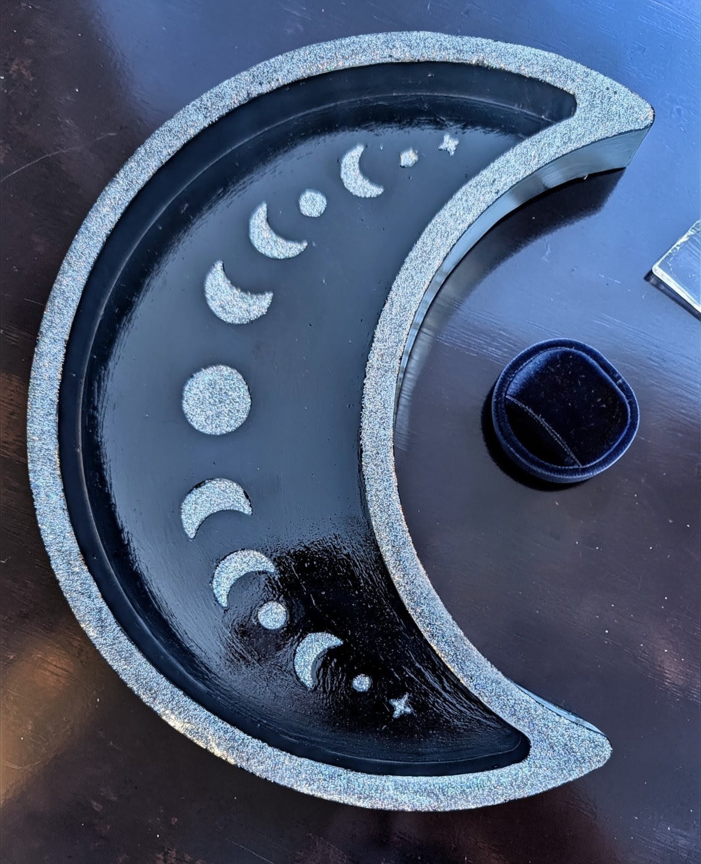 Large Crescent Moon Black and Silver Ring Dish Jewellery Trinket Gothic Celestial Decor Gift