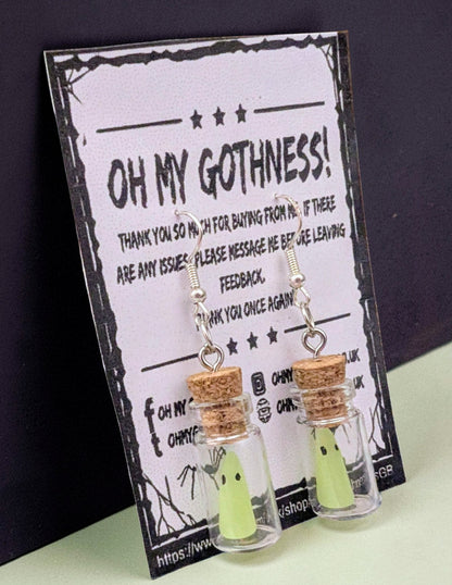 Handmade Glow in the Dark Pet Ghost Drop Dangle Earrings. Spooky, Halloween, Gothic Accessories
